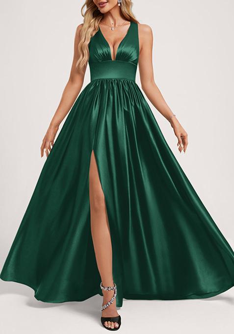 Dark Green A-line V-Neck Floor-Length Satin Gown