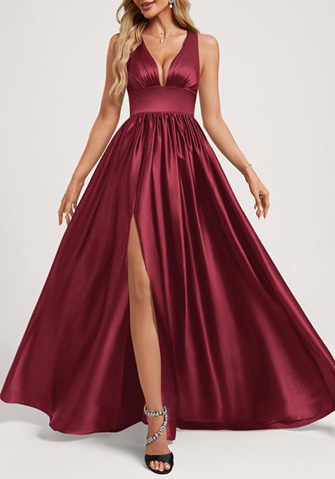 Burgundy A-line V-Neck Floor-Length Satin Gown