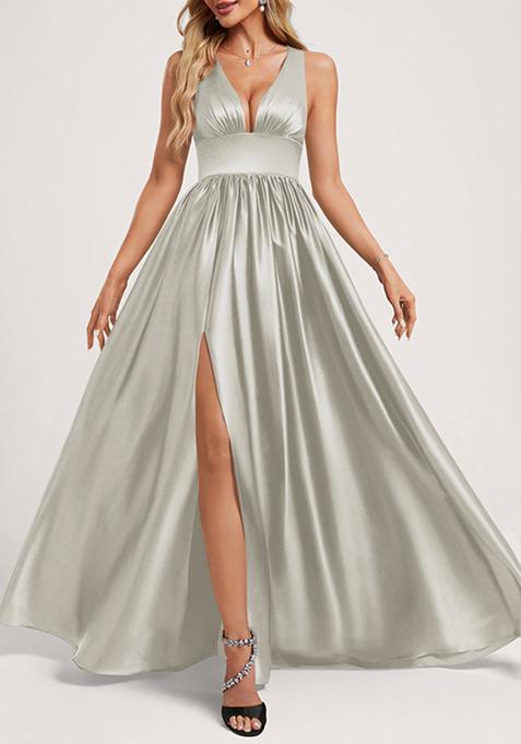 Silver A-line V-Neck Floor-Length Satin Gown