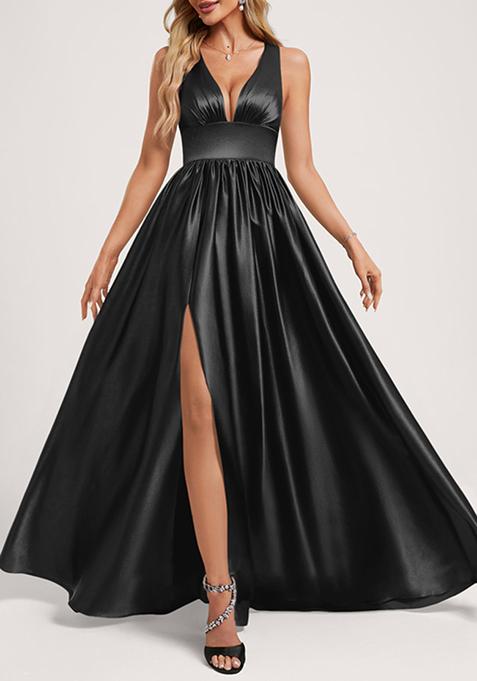 Black A-line V-Neck Floor-Length Satin Gown