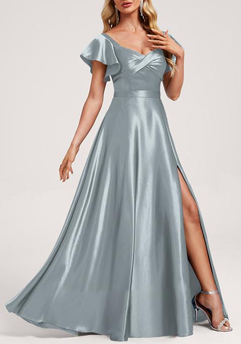 Dusty Blue A-line V-Neck Floor-Length Satin Gown