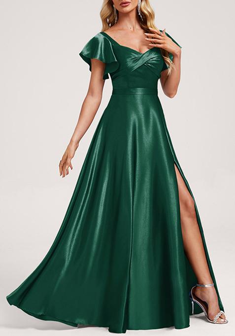 Dark Green A-line V-Neck Floor-Length Satin Gown