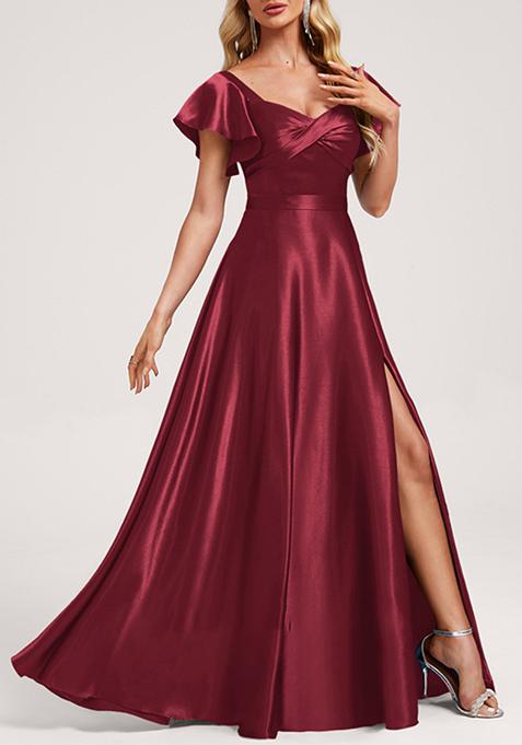 Burgundy A-line V-Neck Floor-Length Satin Gown