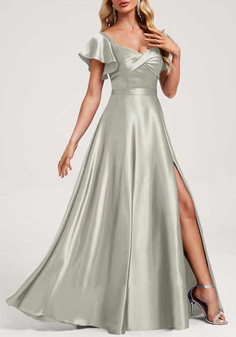 Silver A-line V-Neck Floor-Length Satin Gown