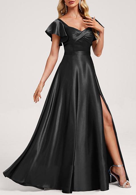 Black A-line V-Neck Floor-Length Satin Gown