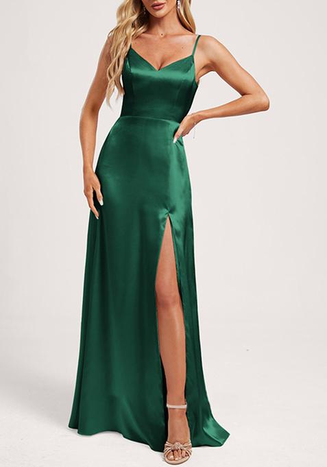 Dark Green A-line V-Neck Floor-Length Satin Gown