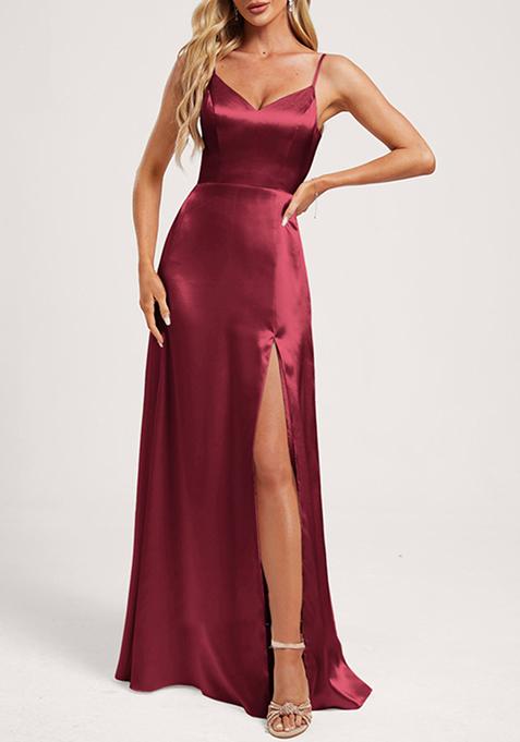 Burgundy A-line V-Neck Floor-Length Satin Gown