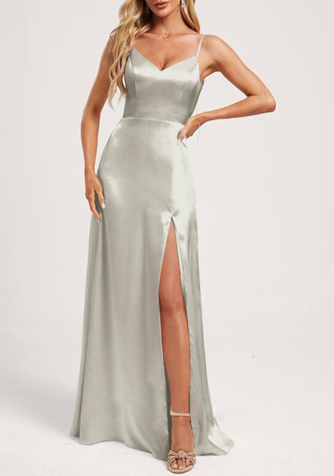 Silver A-line V-Neck Floor-Length Satin Gown