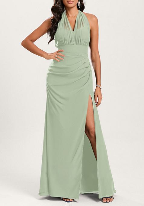 Light Green Mermaid Halter Off Shoulder Floor-Length Georgette Gown