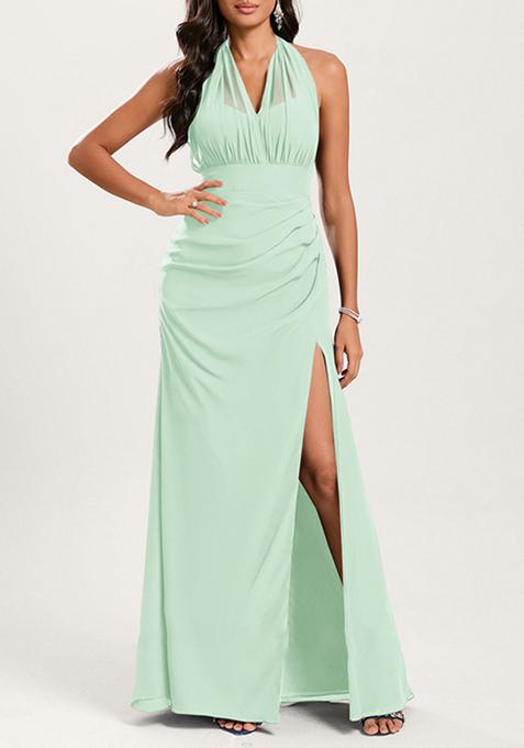 Sage Green Mermaid Halter Off Shoulder Floor-Length Georgette Gown