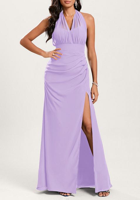 Lilac Mermaid Halter Off Shoulder Floor-Length Georgette Gown