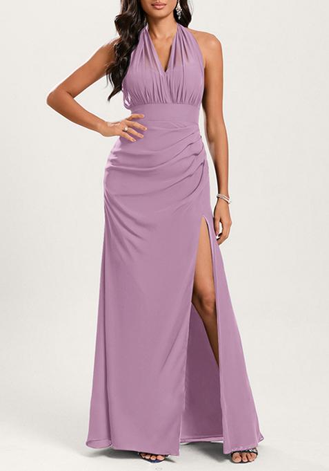 Lavender Mermaid Halter Off Shoulder Floor-Length Georgette Gown