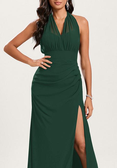 Green Mermaid Halter Off Shoulder Floor-Length Georgette Gown