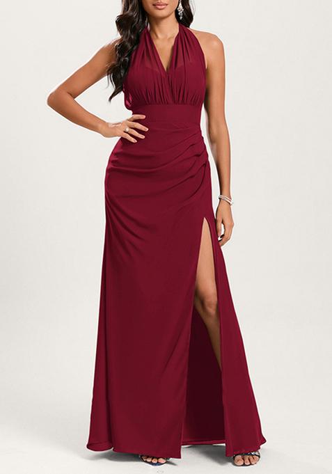 Burgundy Mermaid Halter Off Shoulder Floor-Length Georgette Gown