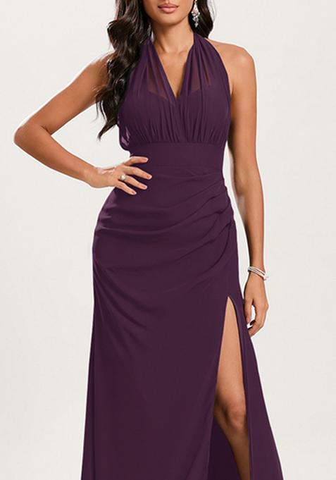 Grape Purple Mermaid Halter Off Shoulder Floor-Length Georgette Gown