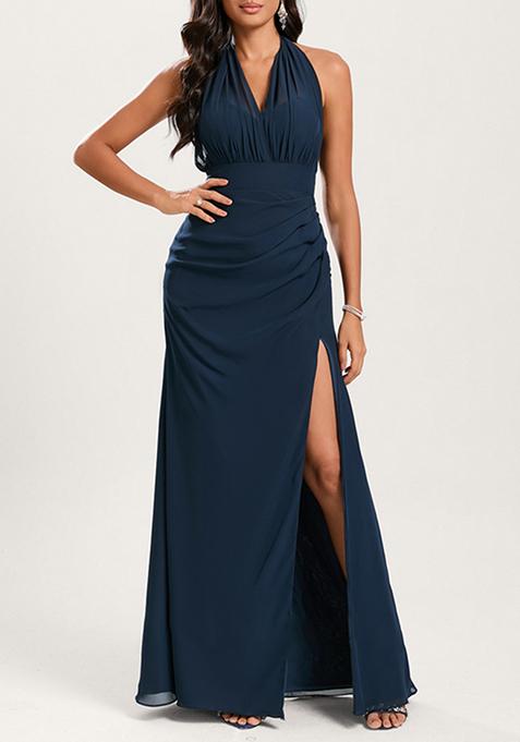 Dark Navy Mermaid Halter Off Shoulder Floor-Length Georgette Gown