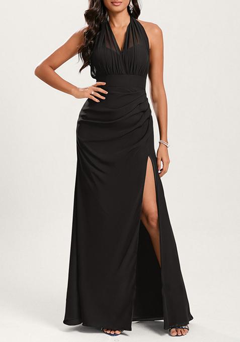 Black Mermaid Halter Off Shoulder Floor-Length Georgette Gown