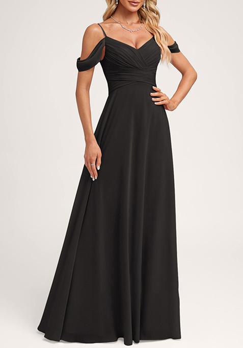 Black A-line Cold Shoulder Floor-Length Georgette Gown