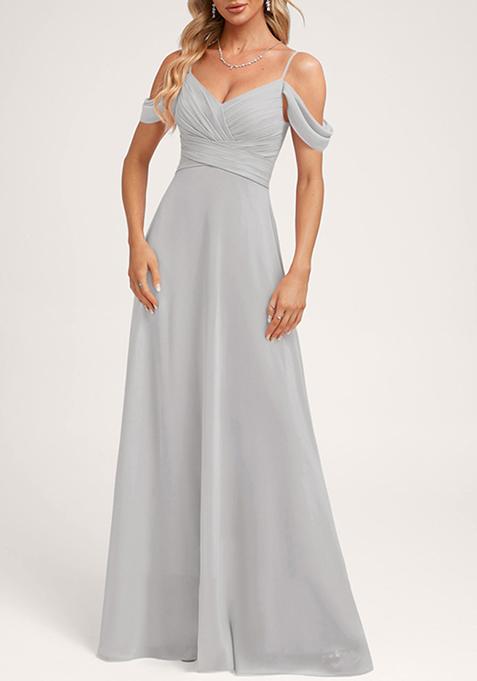 Silver A-line Cold Shoulder Floor-Length Georgette Gown