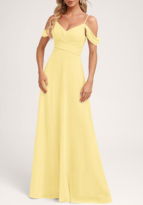  Yellow A-line Cold Shoulder Floor-Length Georgette Gown