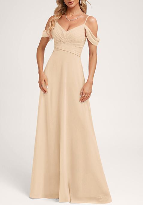 Cream A-line Cold Shoulder Floor-Length Georgette Gown