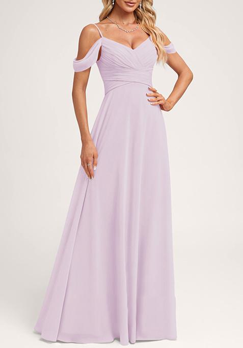 Lavender A-line Cold Shoulder Floor-Length Georgette Gown