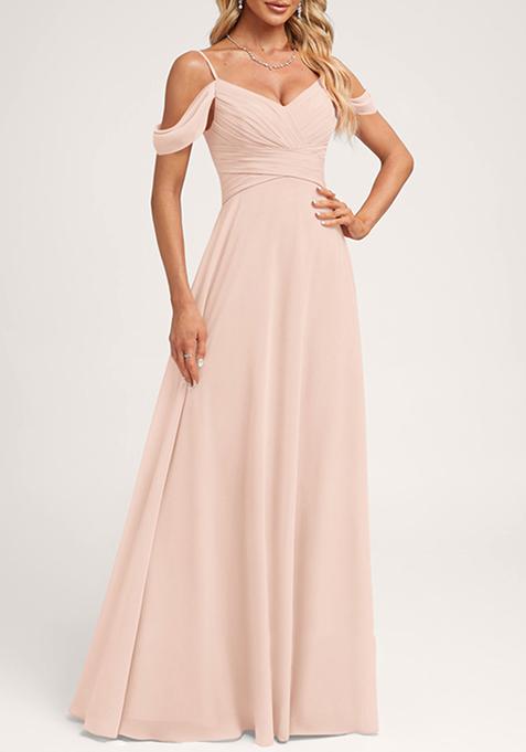 Blush Pink A-line Cold Shoulder Floor-Length Georgette Gown