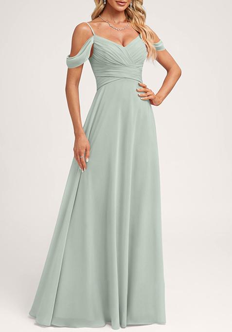 Green A-line Cold Shoulder Floor-Length Georgette Gown