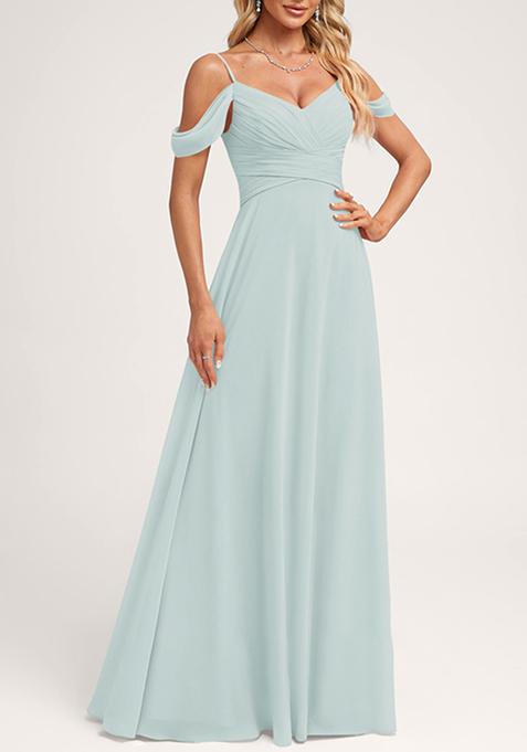 Sky Blue A-line Cold Shoulder Floor-Length Georgette Gown