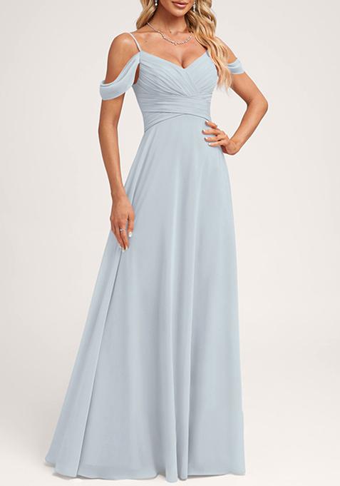 Ice Blue A-line Cold Shoulder Floor-Length Georgette Gown