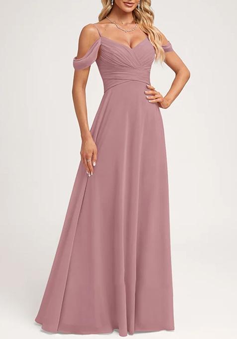 Mauve A-line Cold Shoulder Floor-Length Georgette Gown