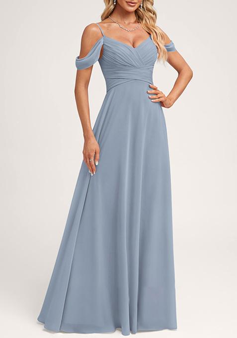 Dusty Blue A-line Cold Shoulder Floor-Length Georgette Gown