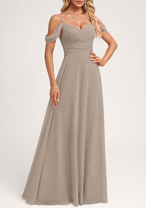 Grey A-line Cold Shoulder Floor-Length Georgette Gown