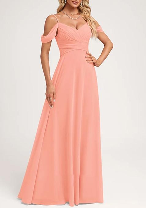 Coral A-line Cold Shoulder Floor-Length Georgette Gown