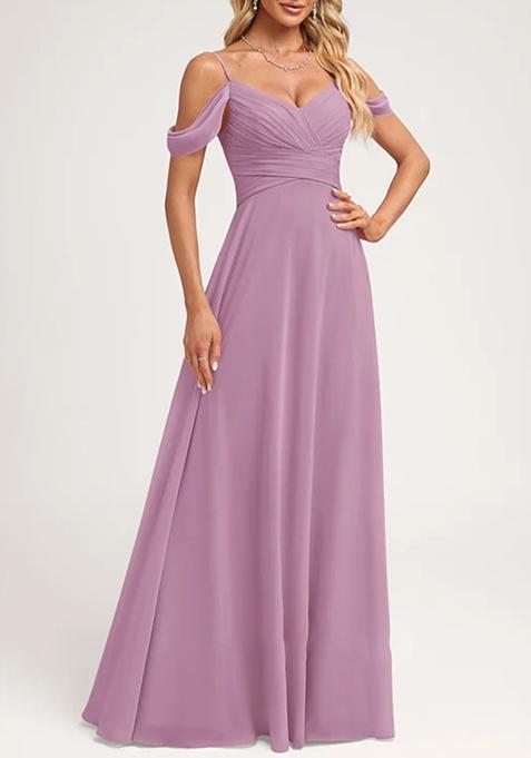 Mauve A-line Cold Shoulder Floor-Length Georgette Gown