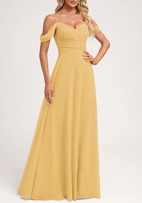 Golden A-line Cold Shoulder Floor-Length Georgette Gown