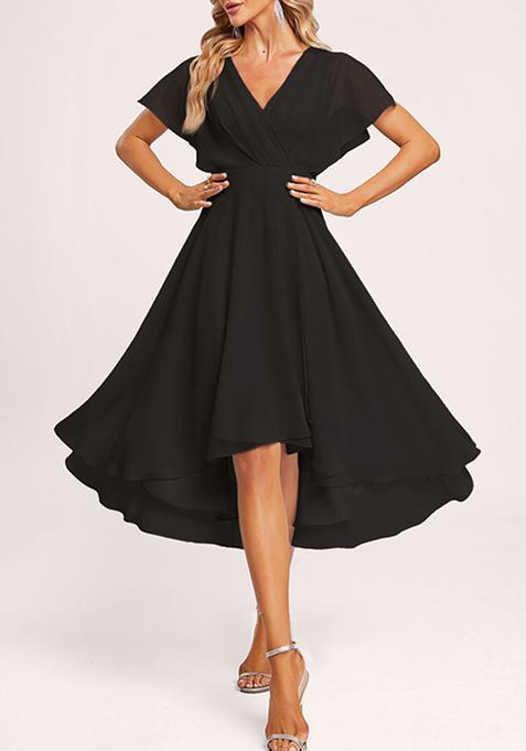 Black A-line V-Neck Asymmetrical Georgette Gown