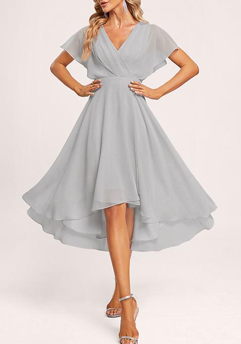 Silver A-line V-Neck Asymmetrical Georgette Gown