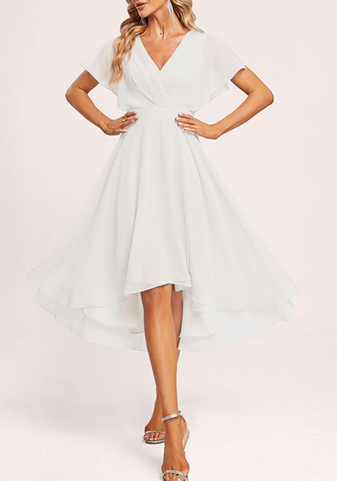 Ivory A-line V-Neck Asymmetrical Georgette Gown