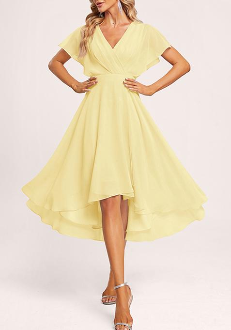 Mustard Yellow A-line V-Neck Asymmetrical Georgette Gown