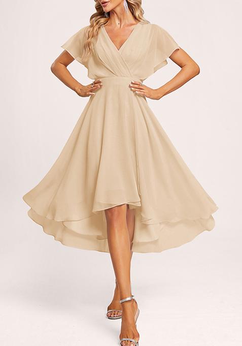 Cream A-line V-Neck Asymmetrical Georgette Gown