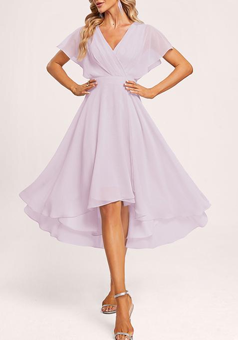 Lavender A-line V-Neck Asymmetrical Georgette Gown