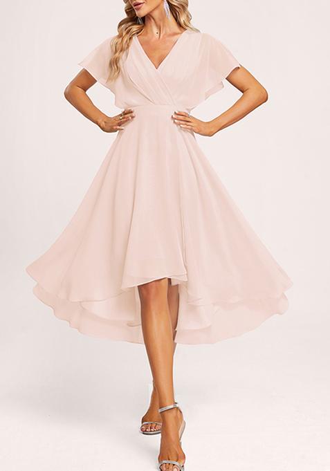 Blush Pink A-line V-Neck Asymmetrical Georgette Gown