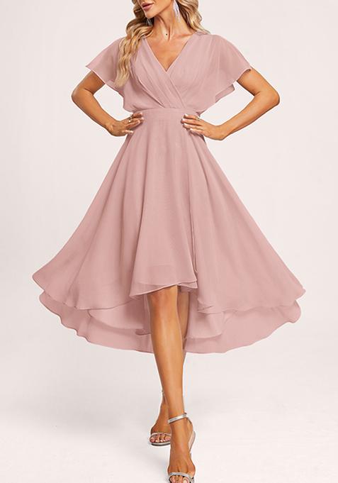 Dusty Rose A-line V-Neck Asymmetrical Georgette Gown