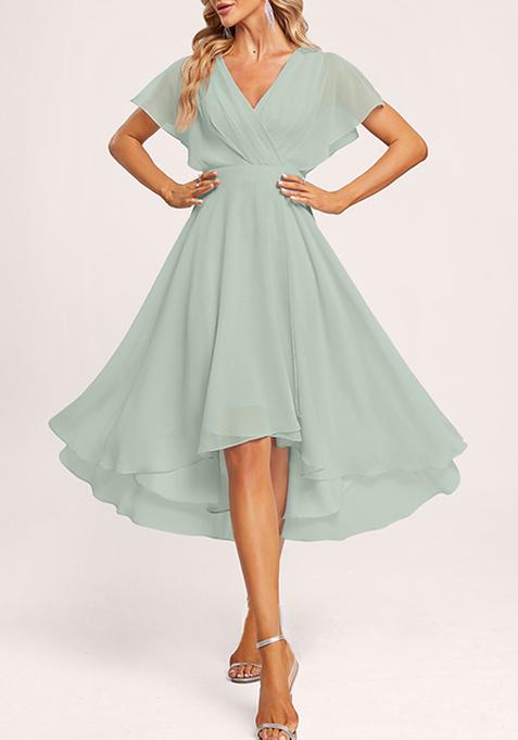 Green A-line V-Neck Asymmetrical Georgette Gown