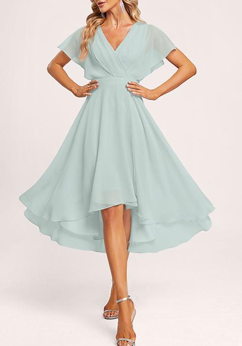 Sky Blue A-line V-Neck Asymmetrical Georgette Gown