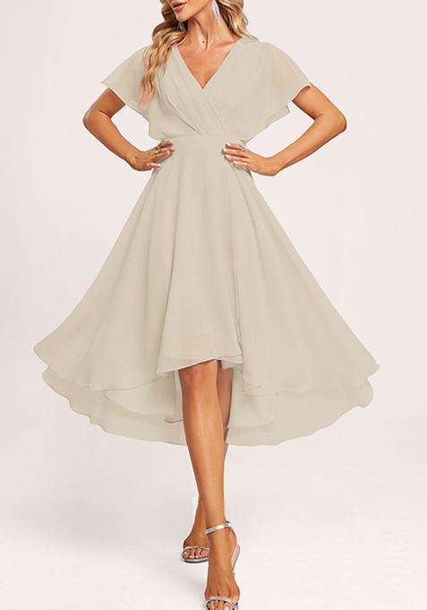 Beige A-line V-Neck Asymmetrical Georgette Gown