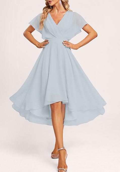 Ice Blue A-line V-Neck Asymmetrical Georgette Gown