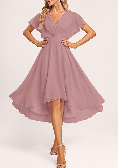 Mauve A-line V-Neck Asymmetrical Georgette Gown