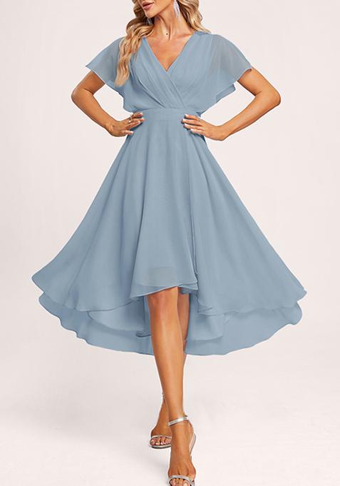 Dusty Blue A-line V-Neck Asymmetrical Georgette Gown